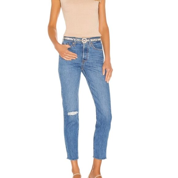 LEVI'S Wedgie Icon High Rise Denim Cropped Frayed Hem Jeans Athens Hera Blue 27 - Picture 1 of 13